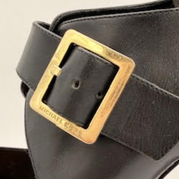 Michael Kors Black Leather Platform Heels Peep Toe Gold Buckle Women’s 6.5 - Picture 11 of 16